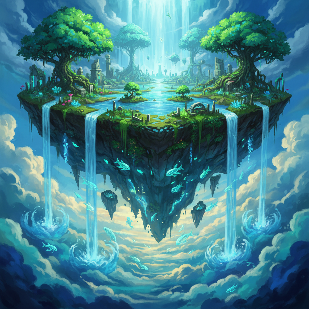 Surreal floating island with waterfalls