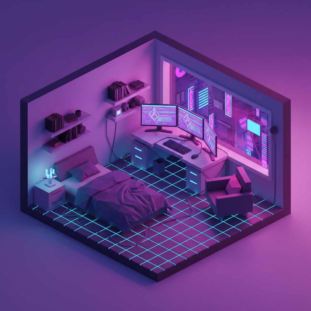 Isometric 3D render of a cozy cyberpunk room